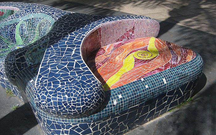 Colourful concrete mosaic seats for Artist Cynthia Turner